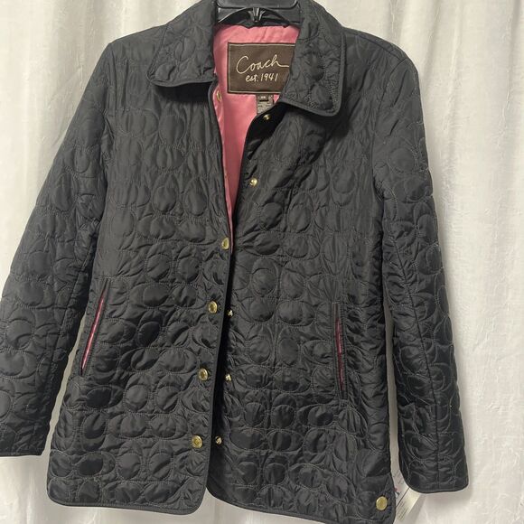Coach Black Quilted Jacket  Signature Total Pattern Lined Size XS - Picture 1 of 11